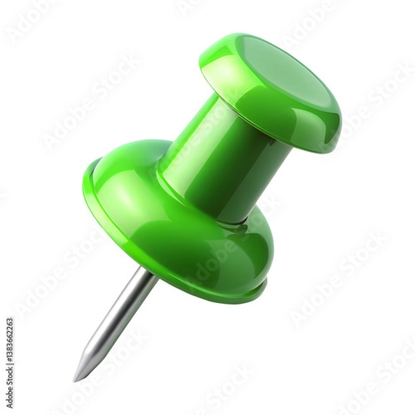 Fototapeta Green push pin 3d render icon in cartoon plastic style minimal isolated on transparent white background, clipping path