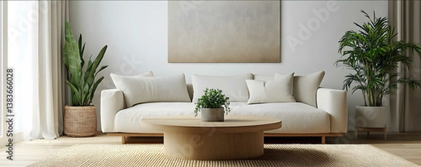Obraz green plants A minimalist living room with sleek modern furniture and soft lighting featuring neutral tones of beige or grey for an elegant look The focal point is