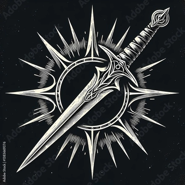 Fototapeta Stylized ornate sword within a radiant sunburst on black background