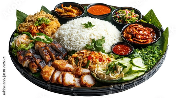 Obraz A colorful platter of delicious Asian cuisine with rice and various side dishes.
