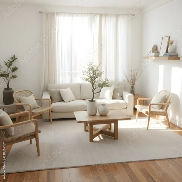 Fototapeta Japandi modern style living room with natural wood, woven textures, and minimalist decor in soft neutrals, creating a bright and serene atmosphere