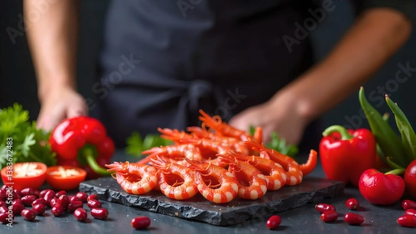 Obraz A photo of a seafood dish prepared in an Eastern kitchen, featuring a professional cook. The dark background is a deep charcoal grey, adding contrast to the vibrant food. 