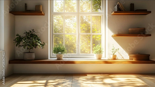 Obraz oneul ohu 124 front view sunlit window with wooden shelves warm natural light streaming in bedroom soft shadows clean white walls minimalism sunny day 2d