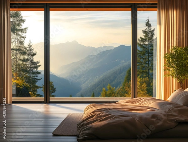 Obraz 4k wallpaper realistic photo luxury mountain house vie from the room through a window in the nature