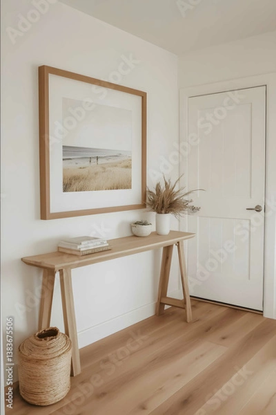 Obraz modern entry way with large 70cm x 100cm oak picture frame on a white wall above a consol coastal calafornian bungolow inspired styling youthful decor well lived in
