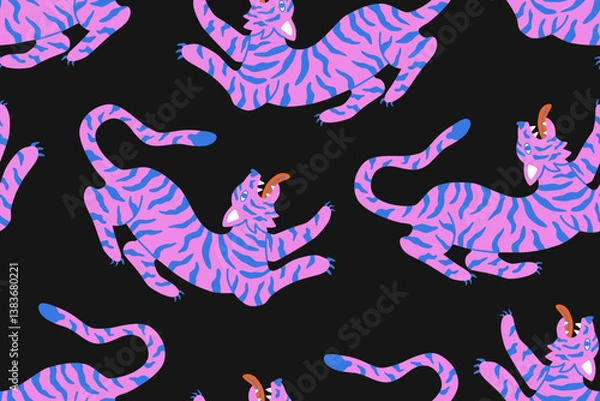 Fototapeta Quirky seamless pattern with asian tigers. Vector summer background. Groovy design for fabric, textile, cover
