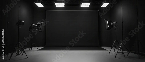 Obraz Modern photography studio setup with black backdrop and lighting.