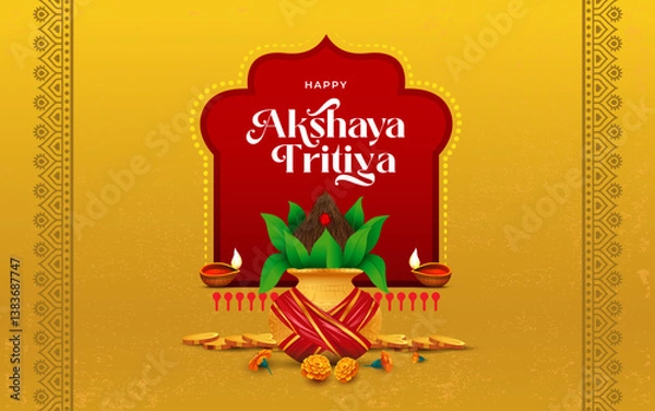 Obraz Happy Akshaya Tritiya Festival Greeting Background Design with Kalash Vector Illustration