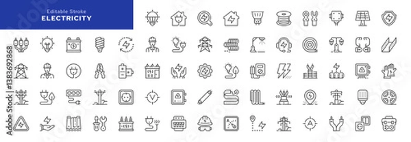 Obraz Electricity line icons set. Electric power line, light bulb, cable, wire, voltage and electrical equipment. Outline vector icon in linear style. Pictogram collection