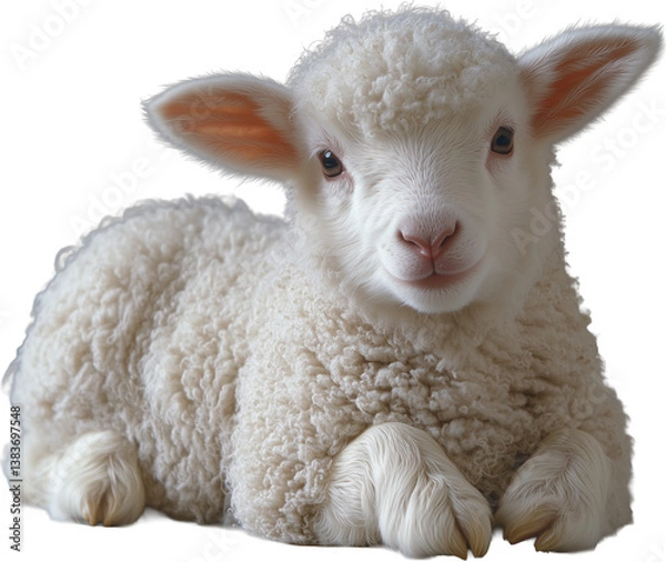 Fototapeta A lamb, lying down and facing slightly to the side lamb has white, fluffy wool and a pink nose cutout PNG on transparent background
