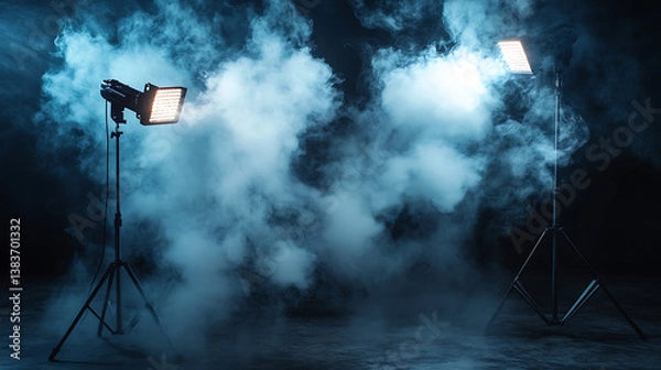 Fototapeta Photo studio with floodlights and smoke on black background