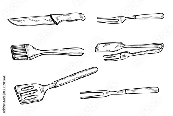 Obraz Vector grilling tools set black and white ink drawing. Knife, spatula, meat tongs, basting brush, and fork clip art graphic sketch illustration. Barbecue accessories for BBQ packaging, cooking blogs