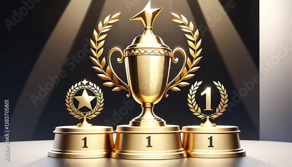Obraz Golden Trophy Number One with Laurel Wreath and Victory Podium 3D Rendering

