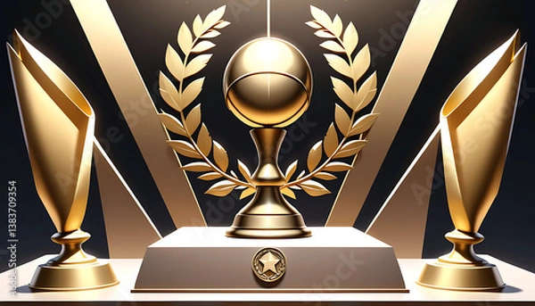 Obraz Golden Trophy Number One with Laurel Wreath and Victory Podium 3D Rendering

