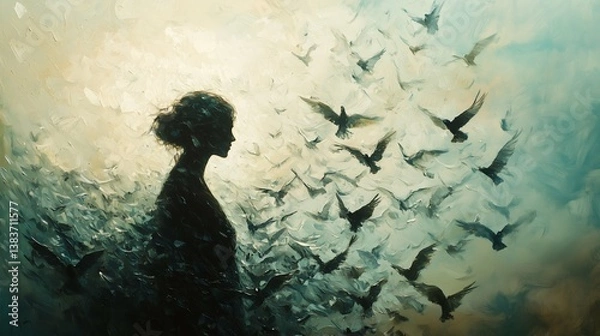 Obraz A mesmerizing surreal oil painting of a woman transforming into a flock of birds, her silhouette dissolving into hundreds of delicate wings.
