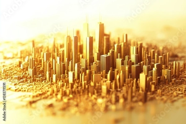 Obraz Aerial view of a futuristic golden city skyline at sunset with reflective buildings and serene atmosphere