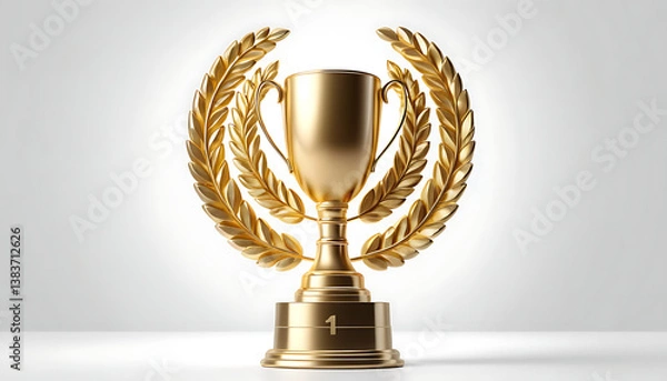Obraz Golden Trophy Number One with Laurel Wreath and Victory Podium 3D Rendering

