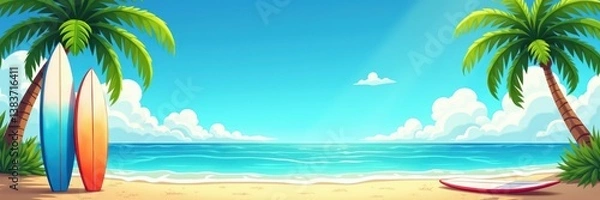 Fototapeta Tropical beach paradise with surfboards resting