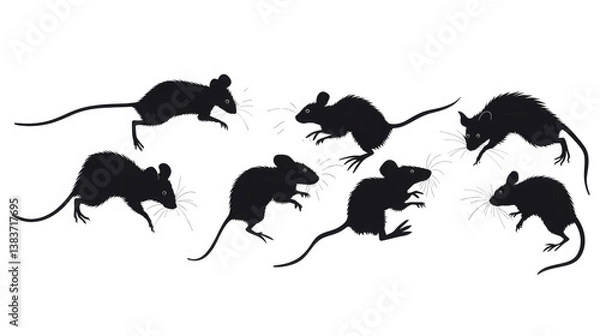 Fototapeta Black and white ink style illustration depicting mice in motion, captured in different dynamic poses isolated on transparent background.