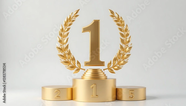 Obraz Golden Trophy Number One with Laurel Wreath and Victory Podium 3D Rendering

