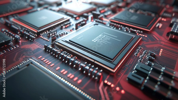 Fototapeta Close-up of computer microchips on a circuit board, showcasing intricate microchip design and technology. Microchips and circuit board in focus. Technology and futuristic.