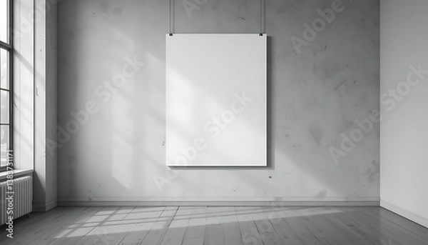 Obraz Empty Vertical Canvas Hanging in Contemporary Art Exhibition with Grayscale Aesthetic


