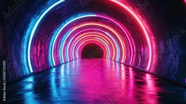Fototapeta Abstract Background with Tunnel of Glowing Arcs in 3D Render 