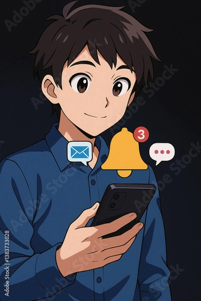 Obraz Anime alert notification concept. Push Notifications, Web Reminders, Time Table and Announcements. Person using smartphone with notification icon on virtual screen.