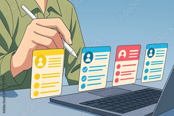 Obraz anime Concept of online recruitment, job applications, and human resources. HR manager use laptop to checking cv resume on virtual screen for team building.
