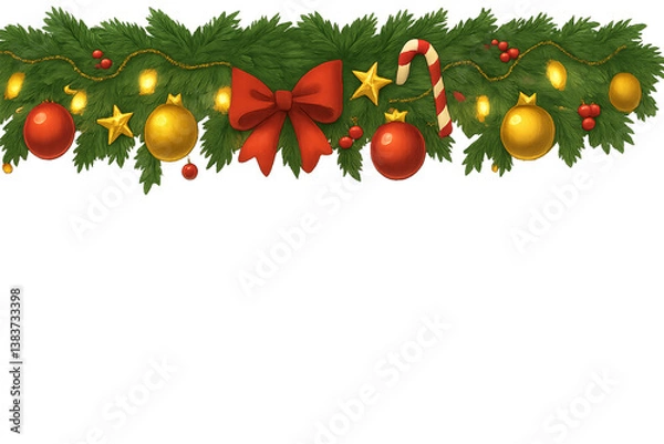 Obraz Seamless decorative christmas border with coniferous branches and garlands of christmas lights on transparent background