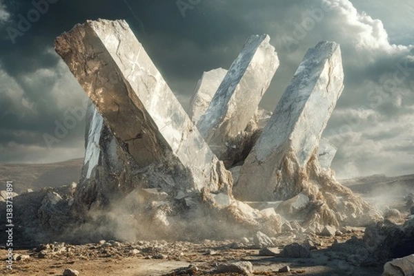 Fototapeta Three colossal, fractured stone pillars stand amidst a desolate, dusty landscape under a dramatic sky.