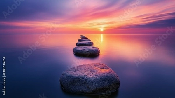 Obraz  A peaceful sunset scene with a Zen path of perfectly arranged, smooth stones gently hovering over a calm expanse of water.
