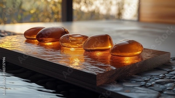 Obraz A tranquil sunset casting warm golden and amber hues over a serene Zen path made of smooth, polished stones above still water.
