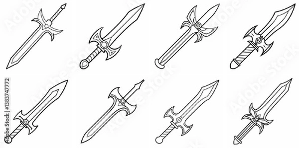 Fototapeta Sword Outline Coloring Book Page Line Art Drawing Set