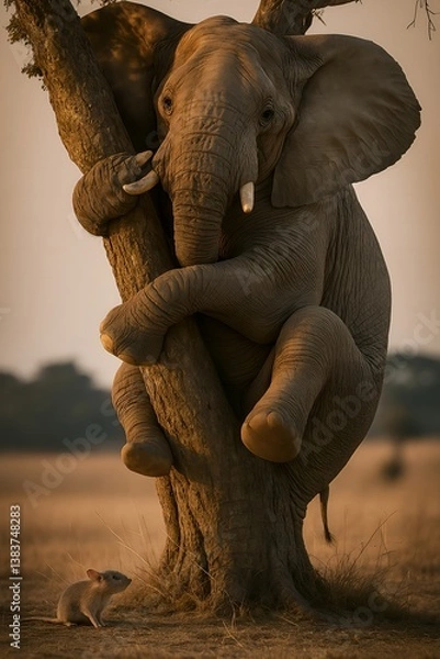Fototapeta The elephant afraid of a mouse - size doesn't matter, our fears are not always explainable, humor
