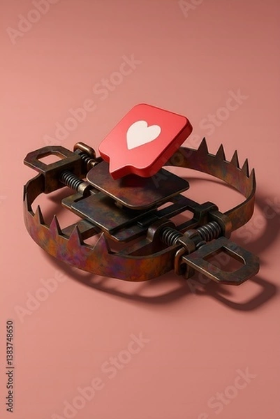 Fototapeta The Social Media Trap - Close-up shot of a 3D rendered image depicting a rusty metal bear trap with a stylized red heart-shaped icon, suggestive of a social media "like" button.
