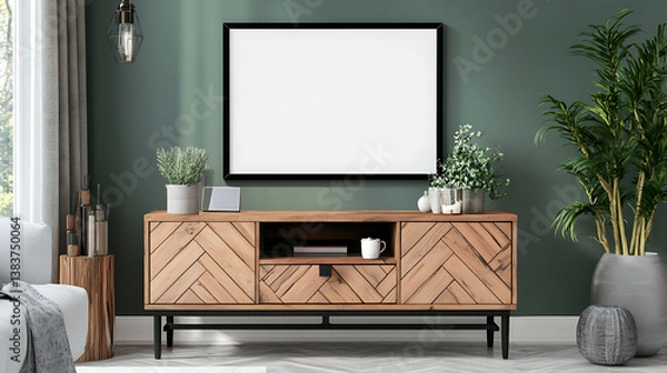 Fototapeta Wooden cabinet with mock up blank frame on it, scandinavian interior design of modern living room
