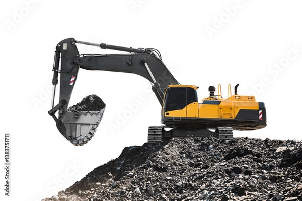 Fototapeta Large quarry dump truck. Loading the rock in dumper. Loading coal into body truck. Production useful minerals. Mining truck mining machinery, to transport coal from open-pit excavator work