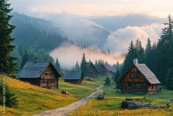 Fototapeta Wooden cabins sit on a green hillside in a scenic mountain setting