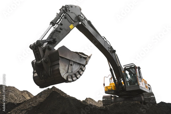 Fototapeta Yellow big excavator in the coal mine, loads the breed, with the bright sun and nice blue sky in the background. Mining truck mining machinery. Technique in coal mine