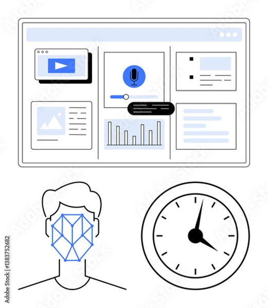 Obraz Digital interface with charts, microphone icon, and video playback. Human face with recognition grid and clock. Ideal for AI, machine learning, biometrics, productivity, automation time management