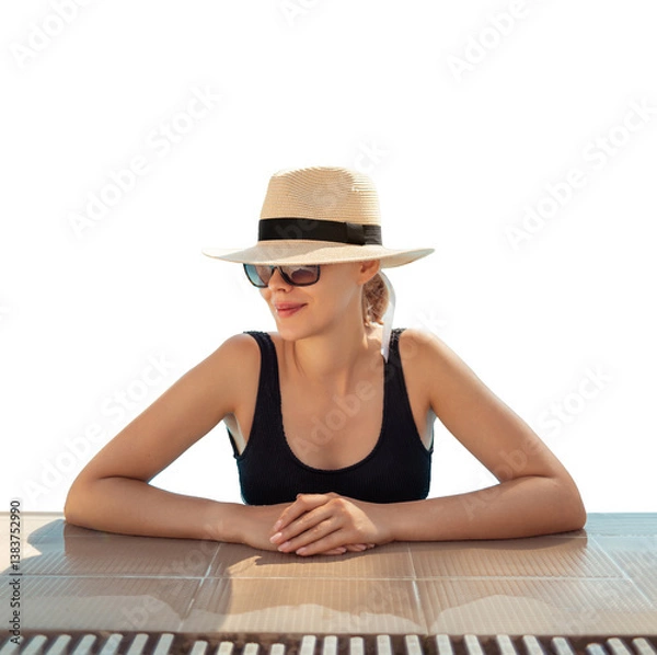 Fototapeta Girl in hat is in pool, leaning on side. Young woman with glasses and hat on vacation is relaxing on edge of pool on sunny day. Portrait of woman in pool looking at camera. Sitting on edge of pool