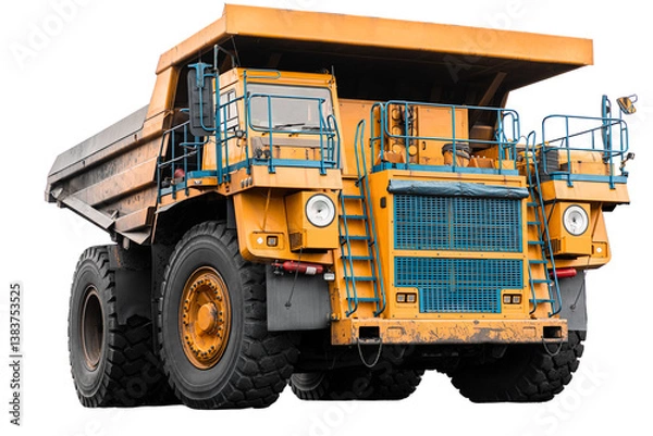 Fototapeta Large quarry dump truck. Big yellow mining truck at work site. Loading coal into body truck. Production useful minerals. Mining truck mining machinery to transport coal from open-pit production