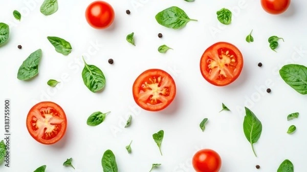 Obraz Tomato Basil Pattern on White Fresh Food Background Food Flatlay