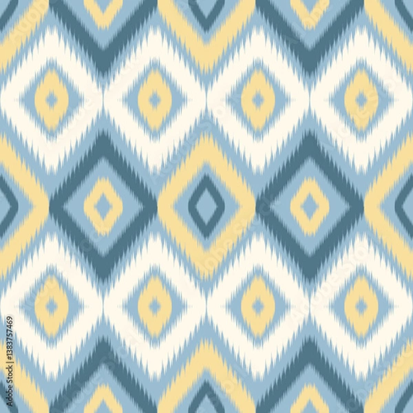 Obraz Modern ikat pattern in navy blue, yellow, and light gray with diamond shapes, Boho decor, textile print, modern fabric, wallpaper design, seamless digital paper