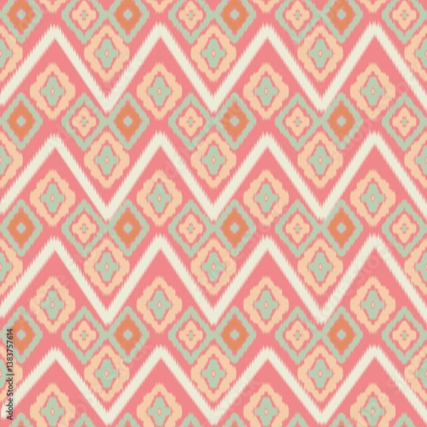 Obraz Soft pastel ikat pattern with orange, green, and cream geometric motifs, Ikat Seamless Pattern, Abstract Digital Background