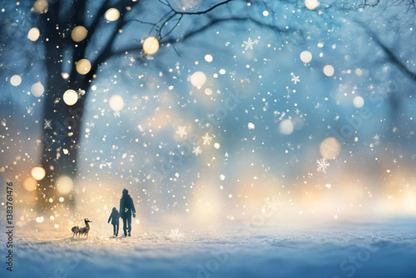 Fototapeta A dreamy winter wonderland with glowing bokeh lights and falling snowflakes in a serene blue and white palette for a festive celestial ambiance