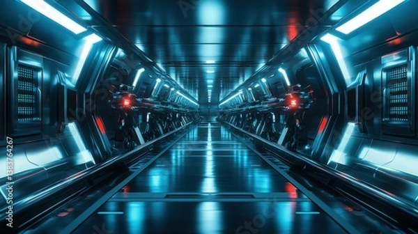 Fototapeta Futuristic corridor with glowing blue lights, representing advanced technology and innovation. Perfect for science fiction themes, game design, and technology presentations.