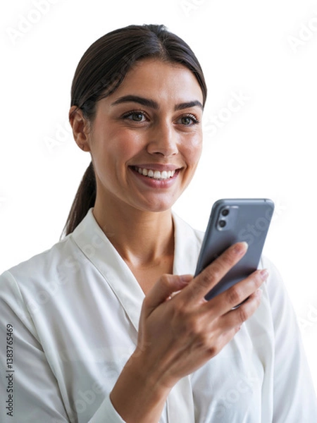 Fototapeta Smiling woman in white shirt uses smartphone while engaging with digital content