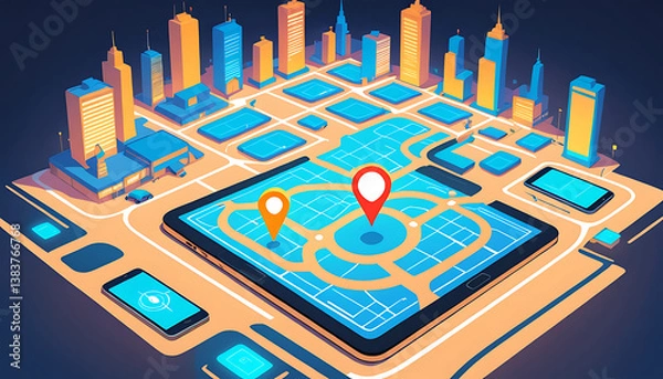 Obraz Futuristic Geolocation Map with AI Technology and Glowing Pin for Business Logistics

